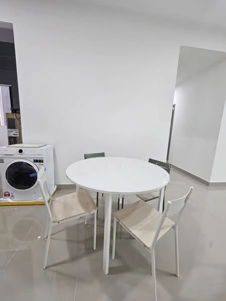 Dining features: round white dining table, 4 dining chairs with white frames and beige seats, grey tiled flooring, white painted walls, washing machine, recessed lighting; style: modern.
