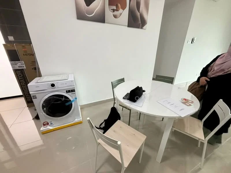 Room features: white painted walls, glossy tile flooring, round white dining table, 4 dining chairs with wooden seats, front-load washing machine, refrigerator box, document on table; style: modern.