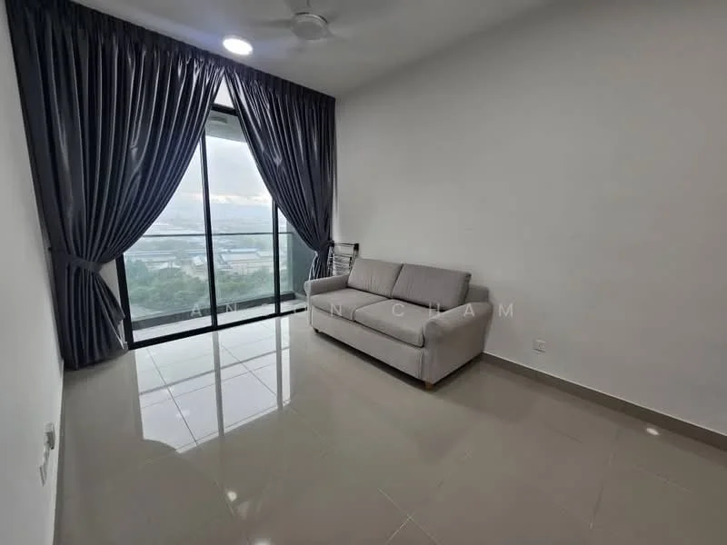 Living features: grey fabric sofa, floor-to-ceiling windows, sheer curtains, white painted walls, glossy tile flooring, ceiling fan, recessed downlights, city view; style: modern; view: city.