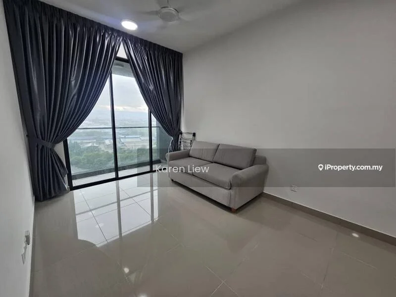 Living features: grey fabric sofa, floor-to-ceiling windows, sheer curtains, recessed downlights, polished ceramic tile flooring, white painted walls, ceiling fan; style: modern; view: city.