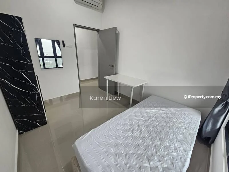 Bedroom features: single bed, white bedding, mirror on wall, white walls, grey door, air conditioning unit, table with legs, glossy tile flooring, black marble accent wall; style: modern.