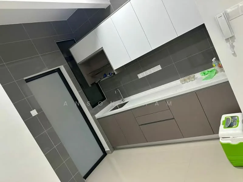 Kitchen features: white upper cabinets, grey lower cabinets, white countertop, stainless-steel sink, chrome pull-down faucet, grey tiled backsplash, built-in oven, refrigerator, kitchen island, wall-mounted cabinets, floor tiles, open shelving, under-cabinet lighting, sliding glass door, pantry space; style: modern.