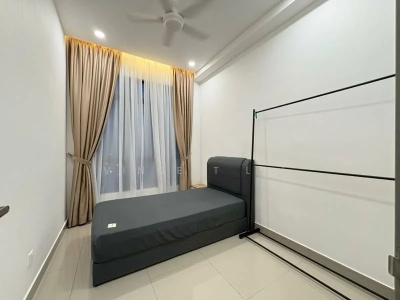 Bedroom features: white painted walls, grey upholstered bed frame, single bed mattress, floor-to-ceiling windows, sheer curtains, brown curtain drapes, ceiling fan, glossy tile flooring, clothes rack, minimalist decor; style: modern.