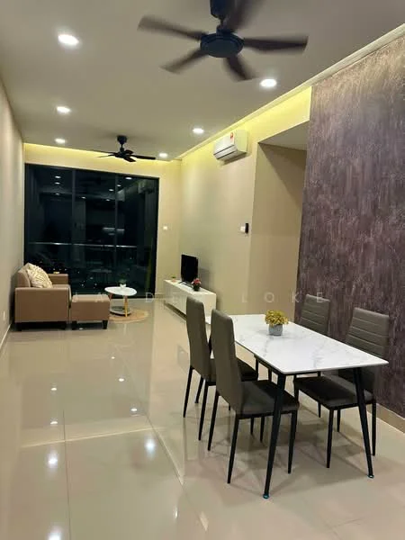 Living features: 5-blade ceiling fan, wall-mounted split AC, cream painted walls, dark accent wall, marble dining table, 4 dining chairs, sofa in beige fabric, TV console, floor-to-ceiling windows, glossy tile flooring, decorative plant on table, recessed lighting; style: modern; view: city.