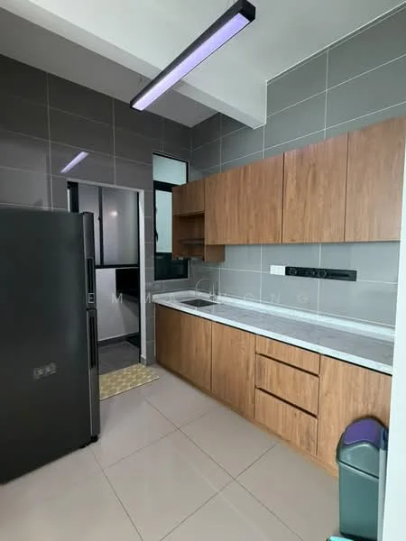 Kitchen features: dark wood cabinetry, white marble countertop, stainless-steel fridge, single-bowl stainless-steel sink, chrome pull-down faucet, grey tiled backsplash, ceramic tile flooring, recessed LED downlights, window for natural light, open layout to adjacent room; style: modern.
