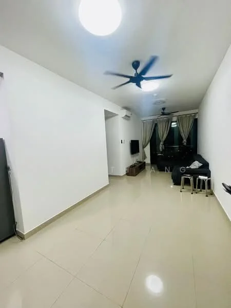 Living features: white painted walls, glossy beige tile flooring, 5-blade ceiling fan, recessed downlights, floor-to-ceiling windows with sheer curtains, black leather sofa, wooden TV console, small side table, air conditioning unit; style: modern.