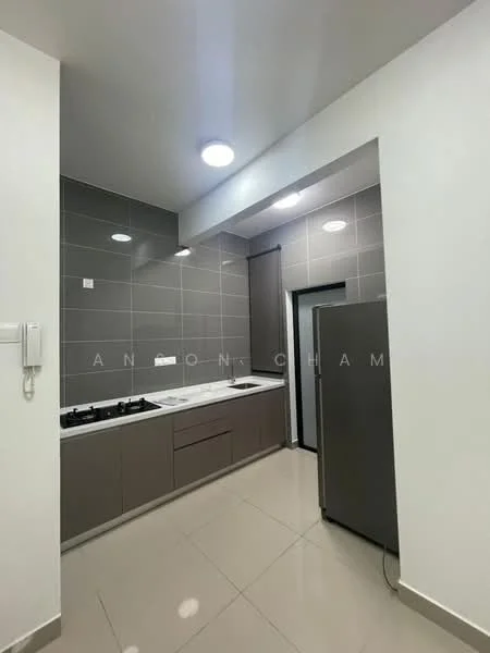 Kitchen features: grey tiled walls, white ceiling, recessed LED downlights, white countertop, brown cabinetry with flat-panel doors, built-in gas hob, stainless-steel fridge, ceramic tile flooring, single-bowl stainless-steel sink, chrome pull-down faucet; style: modern.