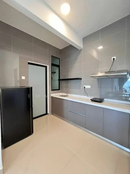 Kitchen features: grey cabinetry, white countertop, stainless-steel range hood, built-in oven, black fridge, single-bowl stainless-steel sink, chrome pull-down faucet, ceramic tile flooring, grey tiled backsplash, window with black frame, recessed downlights, open shelving; style: modern.