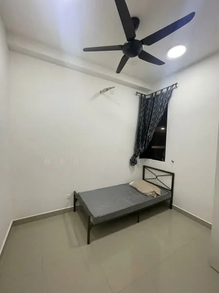 Bedroom features: single bed, grey mattress, 5-blade ceiling fan, white painted walls, glossy floor tiles, blackout curtains, window with view, light fixture in ceiling; style: modern.
