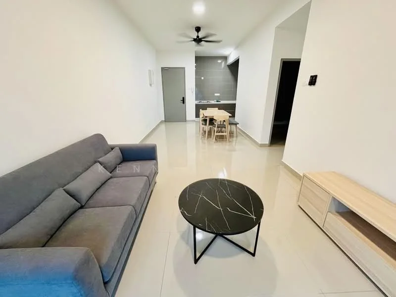 Living features: grey fabric sofa, black coffee table with marble pattern, light-colored wooden TV console, polished ceramic tile flooring, white painted walls, ceiling fan, dining table with four chairs in the background, recessed lighting; style: modern.