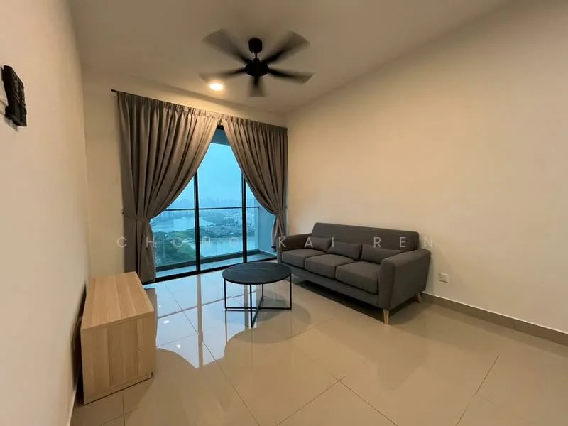 Living features: grey fabric sofa, round black coffee table, light wood TV console, floor-to-ceiling windows, curtains in grey, white painted walls, polished ceramic tile flooring, ceiling fan with light; style: modern; view: city.