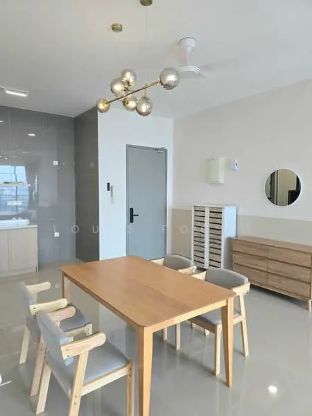 Dining features: wooden dining table, 4 dining chairs with grey upholstery, chandelier light fixture, 5-blade ceiling fan, grey tiled flooring, white painted walls, round wall mirror, built-in cabinetry, air conditioning unit; style: modern. Kitchen features: grey tiled backsplash, built-in cabinets, countertop with storage; style: modern.
