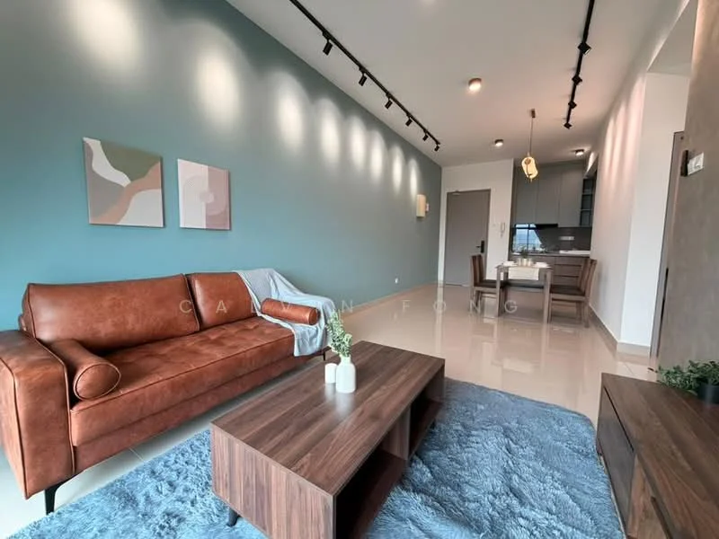 Living features: brown leather sofa, wood coffee table, blue area rug, wall-mounted track lighting, painted accent wall in teal, neutral painted walls, dining area visible in background, open-plan layout, large windows for natural light; style: modern.