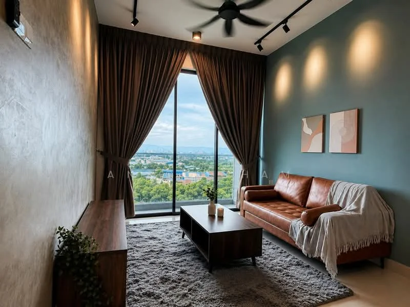 Living features: 3-seater leather sofa in brown, coffee table, TV console, area rug with geometric pattern, floor-to-ceiling windows, sheer curtains, dark accent wall, light grey wall, ceiling fan with light, decorative wall art; style: modern; view: city.