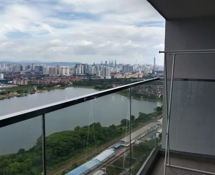 Room features: glass railing, tile flooring, city skyline view, water view, outdoor balcony space; style: modern; view: city.