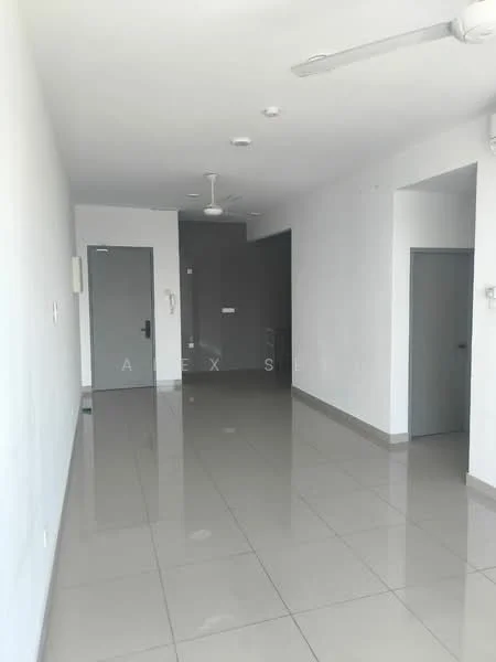 Room features: white painted walls, glossy ceramic tile flooring, ceiling with recessed downlights, 2 ceiling fans, grey door, light grey door frame, open layout, no visible furniture or decor; style: modern.