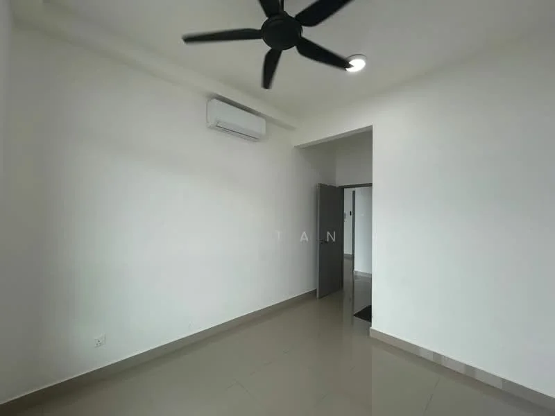 Room features: white painted walls, polished ceramic tile flooring, 1 wall-mounted split AC, ceiling fan, door leading to another room, light fixture in ceiling; style: modern.