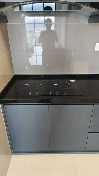 Kitchen features: black countertop, black cabinetry, built-in induction cooktop, stainless-steel range hood, grey tiled backsplash, white walls, floor-to-ceiling window, neutral tile flooring; style: modern.