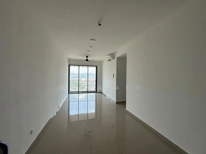 Living features: white painted walls, glossy ceramic tile flooring, 5-blade ceiling fan with light, floor-to-ceiling windows, sliding glass door, mountain view, wall-mounted split AC, recessed downlights; style: modern; view: mountain.