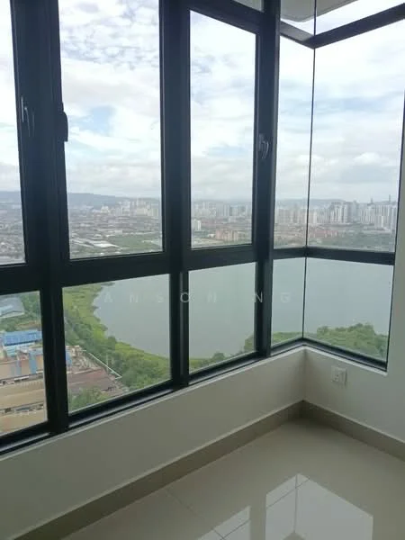 Room features: floor-to-ceiling windows, white painted walls, glossy tile flooring, corner view, lake view, city skyline view, natural light, modern design; style: modern; view: lake.