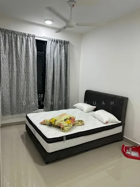 Bedroom features: queen-size bed, upholstered headboard, 2 pillows, bedspread with floral pattern, floor-to-ceiling window, grey sheer curtains, ceiling fan, light fixture, glossy tile flooring, white painted walls; style: modern.