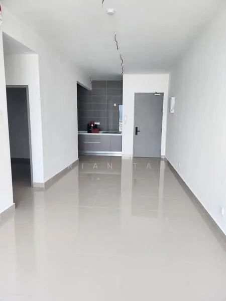Room features: white painted walls, glossy tile flooring, grey tiled backsplash, kitchen cabinetry, countertop, door, window, ceiling lights, open layout; style: modern.