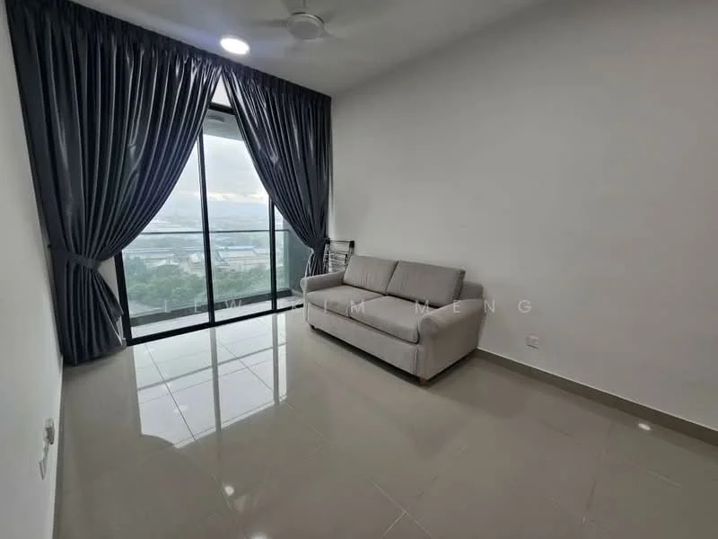 Living features: grey fabric sofa, floor-to-ceiling windows, sliding glass door, sheer curtains, dark blue curtains, glossy tile flooring, recessed downlights, ceiling fan; style: modern; view: city.