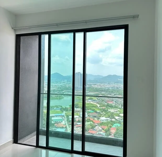 Room features: floor-to-ceiling sliding glass door, black frame, white painted walls, glossy tile flooring, city view, mountain view, natural light; style: modern; view: city.