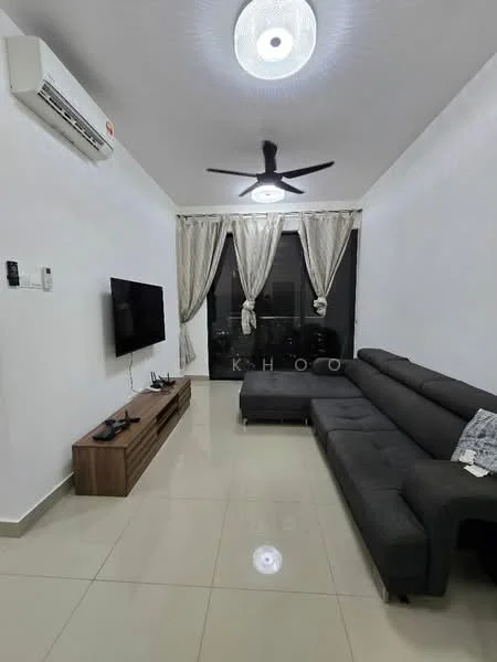 Living features: grey L-shape sectional sofa, wooden TV console, wall-mounted TV, floor-to-ceiling windows, sheer curtains, 5-blade ceiling fan with light, recessed downlights, cream painted walls, glossy tile flooring, air conditioning unit; style: modern.