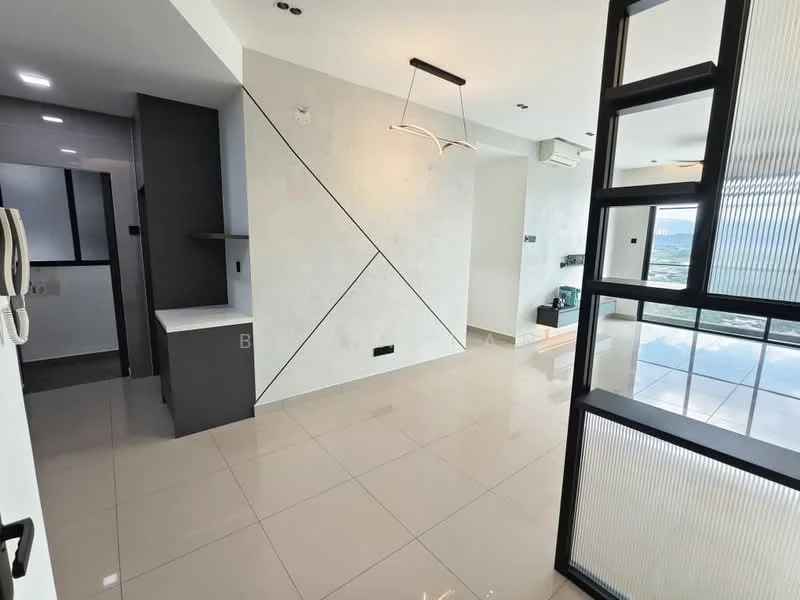 Room features: glossy tile flooring, white painted walls, black accent wall, recessed downlights, pendant light fixture, air conditioning unit, large windows with city view, open layout, built-in cabinetry, glass partition, modern design elements; style: modern; view: city.