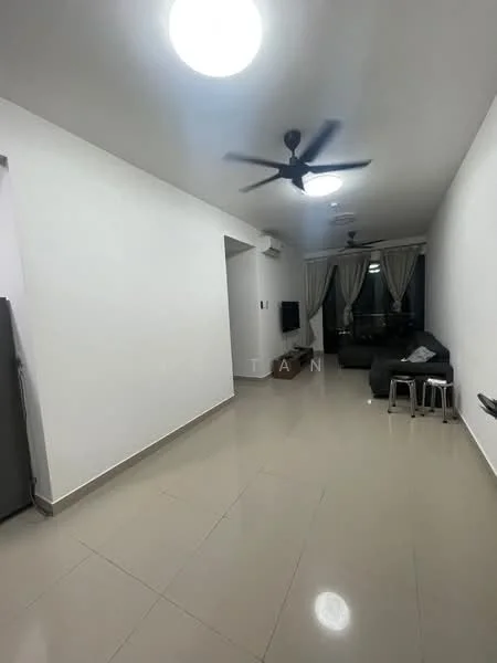 Living features: white painted walls, glossy tile flooring, 5-blade ceiling fan, recessed downlights, sofa in dark color, two metal stools, floor-to-ceiling windows with sheer curtains, wall-mounted TV, air conditioning unit; style: modern; view: city.