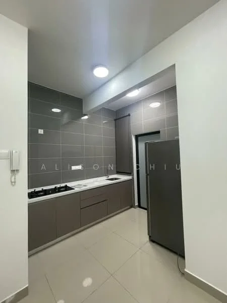 Kitchen features: grey tiled walls, white countertop, built-in cabinets in dark grey, stainless-steel fridge, 4-burner gas hob, built-in oven, single-bowl stainless-steel sink, recessed LED downlights, ceramic tile flooring, wall-mounted intercom, sliding glass door; style: modern.