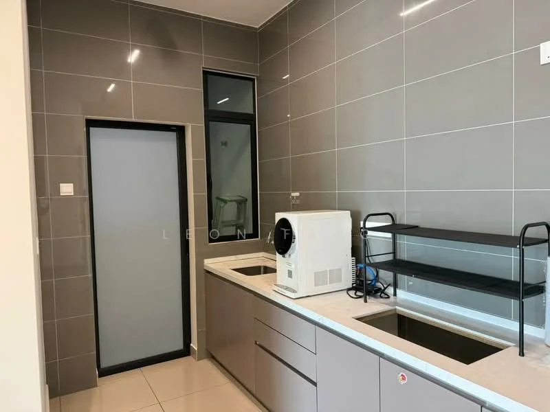 Kitchen features: grey tiled walls, white marble countertop, single-bowl stainless-steel sink, built-in cabinet with grey finish, open shelving unit, window with black frame, floor tiles, microwave; style: modern.