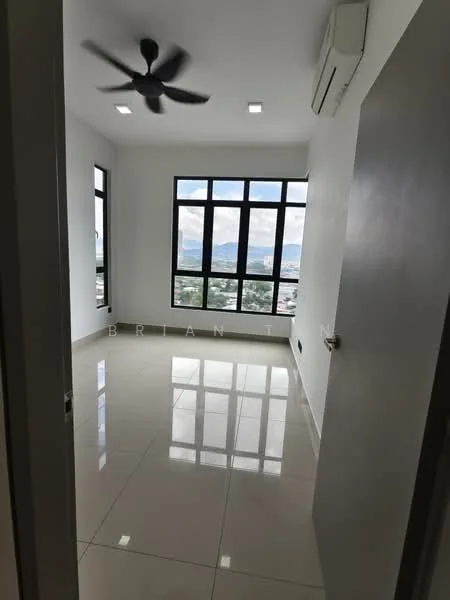 Room features: white painted walls, glossy ceramic tile flooring, 5-blade ceiling fan, floor-to-ceiling windows, mountain view, air conditioning unit, recessed downlights; style: modern; view: mountain.