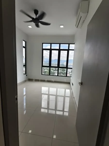 Room features: white painted walls, glossy tile flooring, 5-blade ceiling fan, floor-to-ceiling windows, mountain view, air conditioning unit, recessed LED downlights; style: modern; view: mountain.