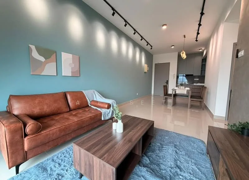 Living features: brown leather sofa, wooden coffee table, blue area rug, green accent wall, recessed LED downlights, wall-mounted artwork, open-plan layout to dining area, glossy tile flooring; style: modern.