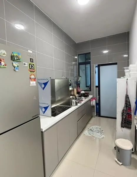 Kitchen features: grey tiled walls, white cabinets, stainless-steel double-bowl sink, chrome pull-down faucet, built-in stove, stainless-steel refrigerator, white countertop, tile flooring, window with natural light, kitchen utensils on countertop, cleaning cloth on floor; style: modern.