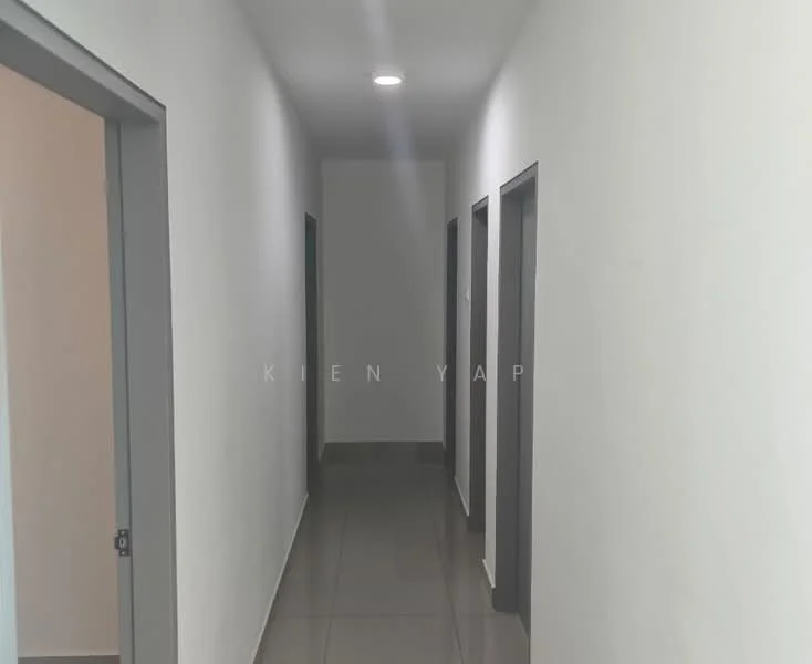 Hallway features: white painted walls, grey doors, tile flooring, recessed downlights, straight corridor layout; style: modern.