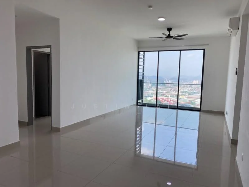 Living features: white painted walls, glossy ceramic tile flooring, 5-blade ceiling fan with light, floor-to-ceiling windows, city skyline view, recessed downlights, air conditioning unit, open layout; style: modern; view: city. Room features: doorway leading to another room.