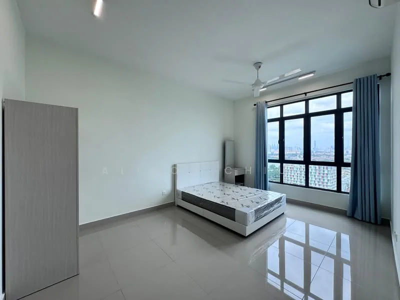 Bedroom features: queen-size bed with mattress, light grey upholstered headboard, floor-to-ceiling windows, city view, white painted walls, glossy ceramic tile flooring, 5-blade ceiling fan with light, curtains in light blue, built-in wardrobe with sliding doors, minimalist decor; style: modern; view: city.