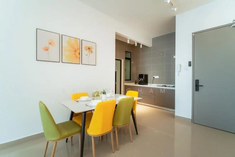 Dining features: 4-seater dining table, yellow upholstered dining chairs, white table top, grey tiled flooring, framed artwork on walls, recessed lighting, open layout to kitchen, wall-mounted kitchen cabinets; style: modern. Kitchen features: grey cabinetry, built-in oven, stainless-steel sink, chrome pull-down faucet, white backsplash, countertop with integrated cooktop, refrigerator, kitchen appliances visible; style: modern.