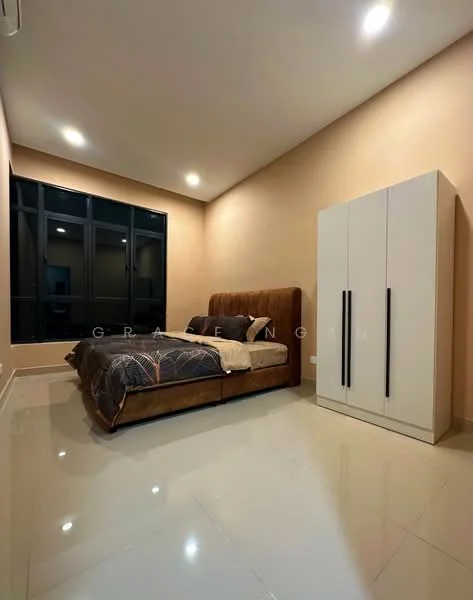 Bedroom features: king-size bed with upholstered headboard, bedding with geometric pattern, 2 bedside lamps, built-in wardrobe with white finish, floor-to-ceiling windows, cream painted walls, glossy tile flooring, recessed downlights, 1 wall-mounted split AC; style: modern.