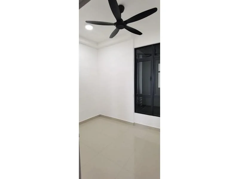 Room features: white painted walls, ceiling fan, recessed downlights, tile flooring, large windows, black window frames; style: modern.
