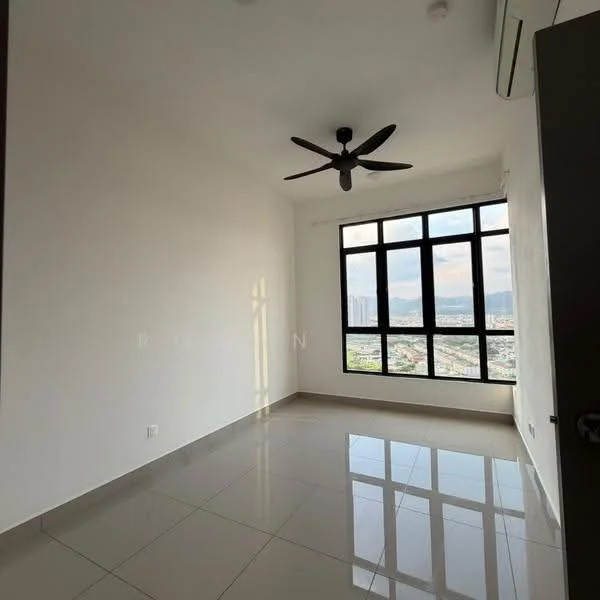 Bedroom features: white painted walls, grey tiled flooring, 5-blade ceiling fan, floor-to-ceiling windows, city view, air conditioning unit; style: modern; view: city.