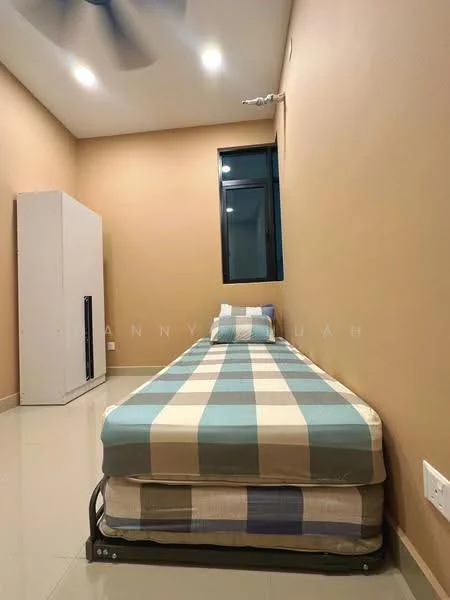 Bedroom features: single bed with mattress, plaid bedding, cream painted walls, light-colored floor tiles, floor-to-ceiling window, black window frame, ceiling fan, built-in wardrobe; style: modern.
