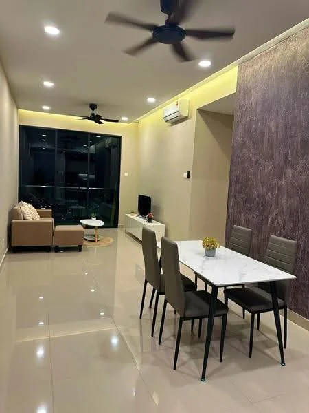 Living features: 3-seater fabric sofa in beige, coffee table, TV console, wall-mounted TV, area rug, marble dining table, 4 dining chairs, 2 ceiling fans, recessed LED downlights, cream painted walls, grey accent wall, floor-to-ceiling windows, sliding glass door, polished tile flooring, air conditioning unit; style: modern; view: city.