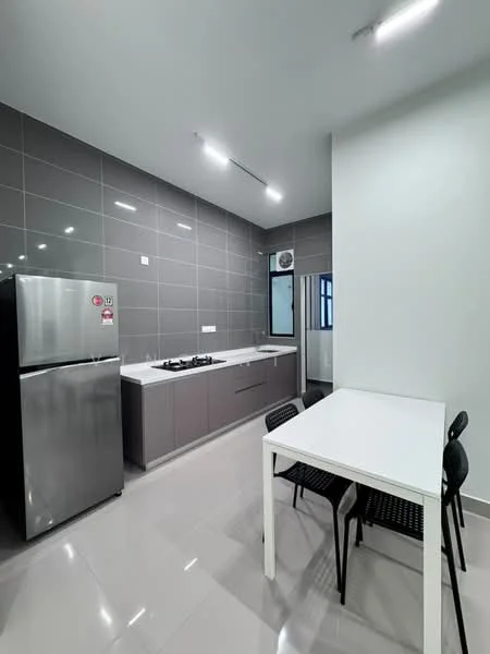 Kitchen features: grey tiled walls, white cabinetry, stainless-steel fridge, 4-burner gas hob, white countertop, single-bowl stainless-steel sink, window for natural light, recessed LED downlights, dining table with 4 black chairs, ceramic tile flooring; style: modern.