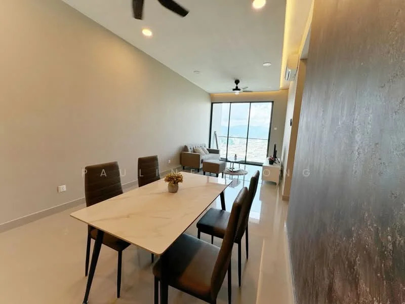 Dining features: marble dining table, 4 dining chairs, floor-to-ceiling windows, grey painted walls, recessed downlights, light-colored flooring, ceiling fan, decorative wall with texture; style: modern; view: sea. Living features: sofa, coffee table, side table, floor-to-ceiling windows, natural light, light-colored flooring; style: modern; view: sea.