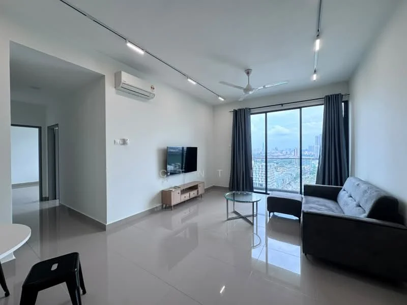Living features: grey fabric sofa, glass coffee table, wall-mounted TV, TV console, floor-to-ceiling windows, city view, recessed LED downlights, 5-blade ceiling fan with light, cream painted walls, glossy tile flooring, curtains, air conditioning unit; style: modern; view: city.