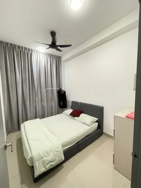 Bedroom features: queen-size bed, upholstered headboard, bedside pillow, light grey bedding, floor-to-ceiling windows, grey curtains, ceiling fan, light-colored tiled flooring, built-in wardrobe, nightstand, decorative wall art; style: modern.